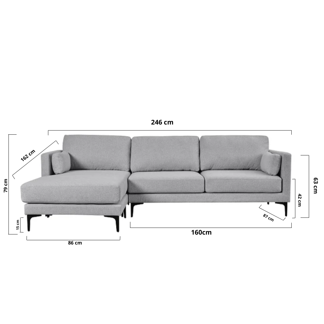 Sofa chaise longue 3 plazas tela gris Sofia