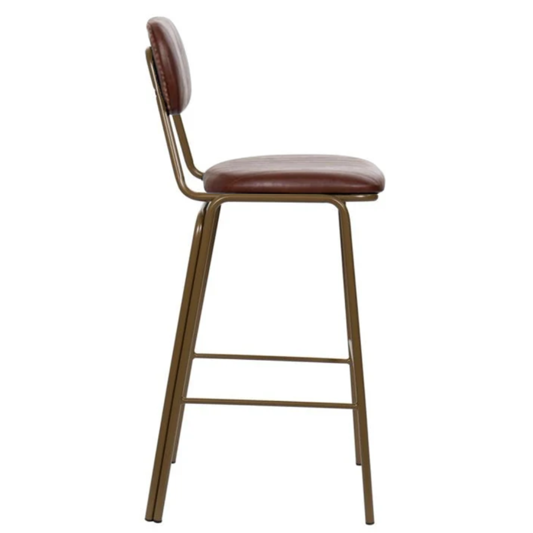 Taburete de bar vintage acero dorado y semi piel marrón Bután H75