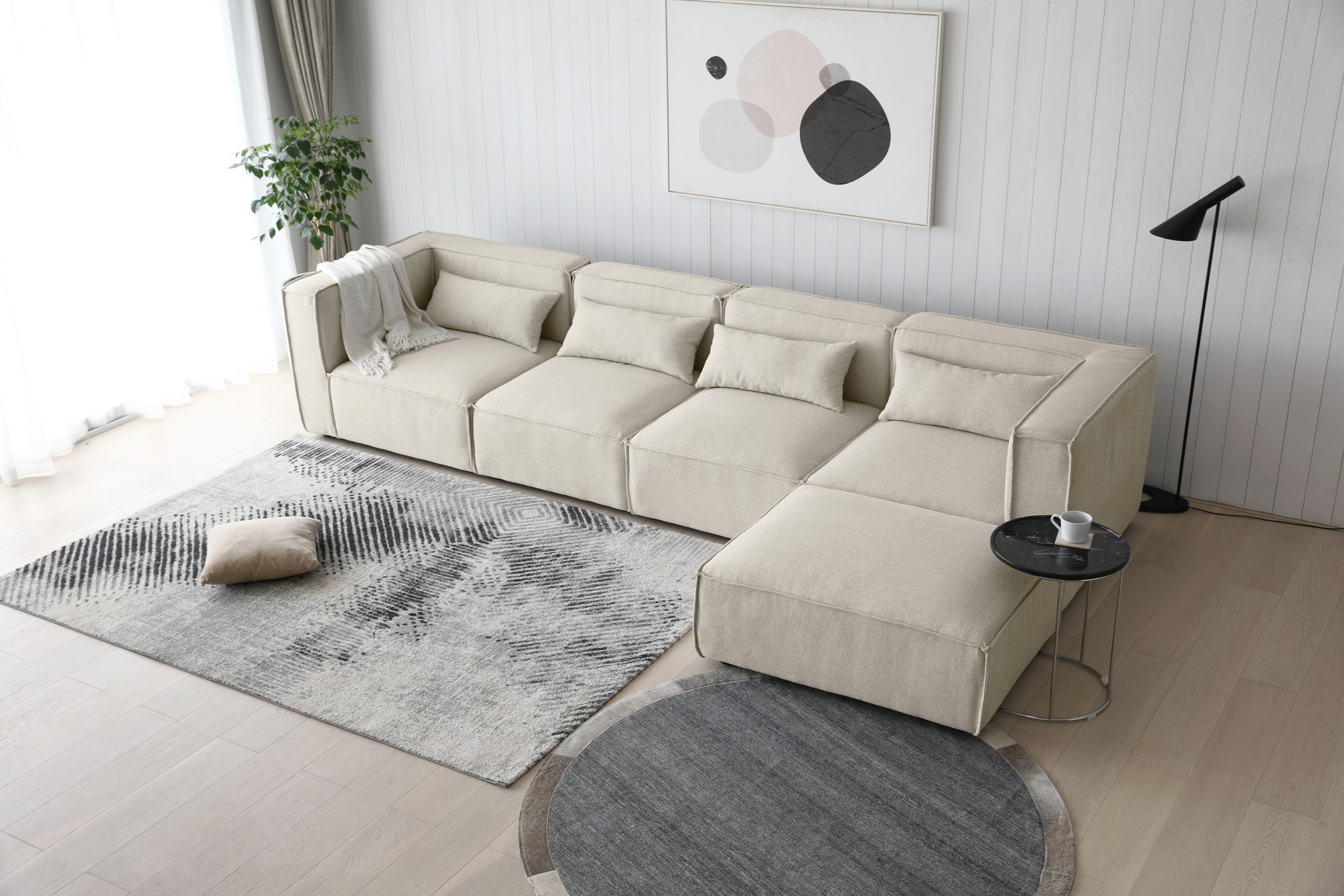 Sofá modular 4 plazas con puff tejido beige