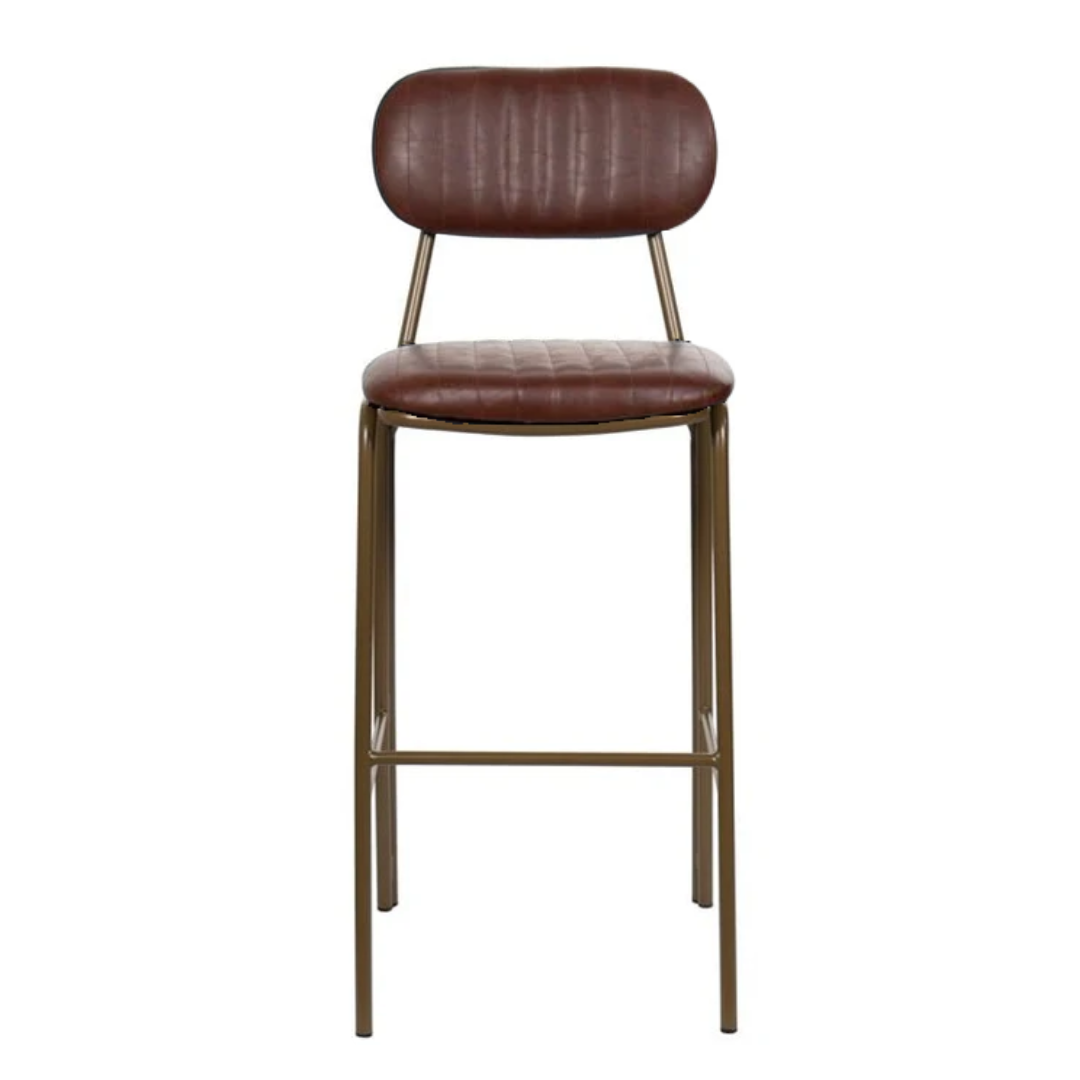 Taburete de bar vintage acero dorado y semi piel marrón Bután H75