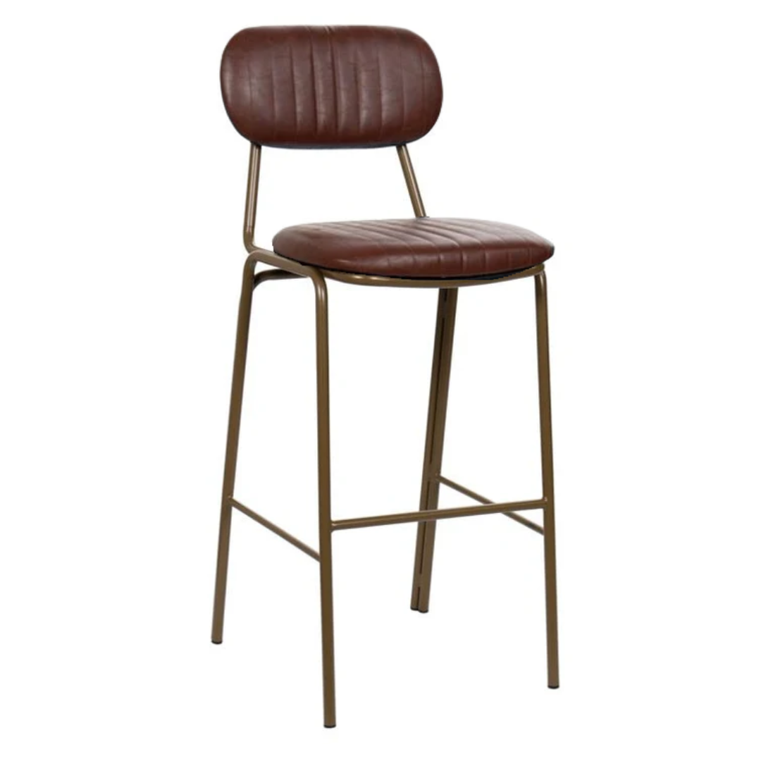 Taburete de bar vintage acero dorado y semi piel marrón Bután H75