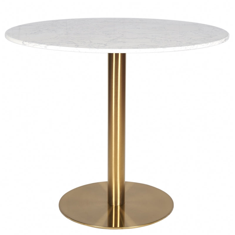 Mesa de jantar redonda em aço inox com base dourada e tampo em mármore branco
