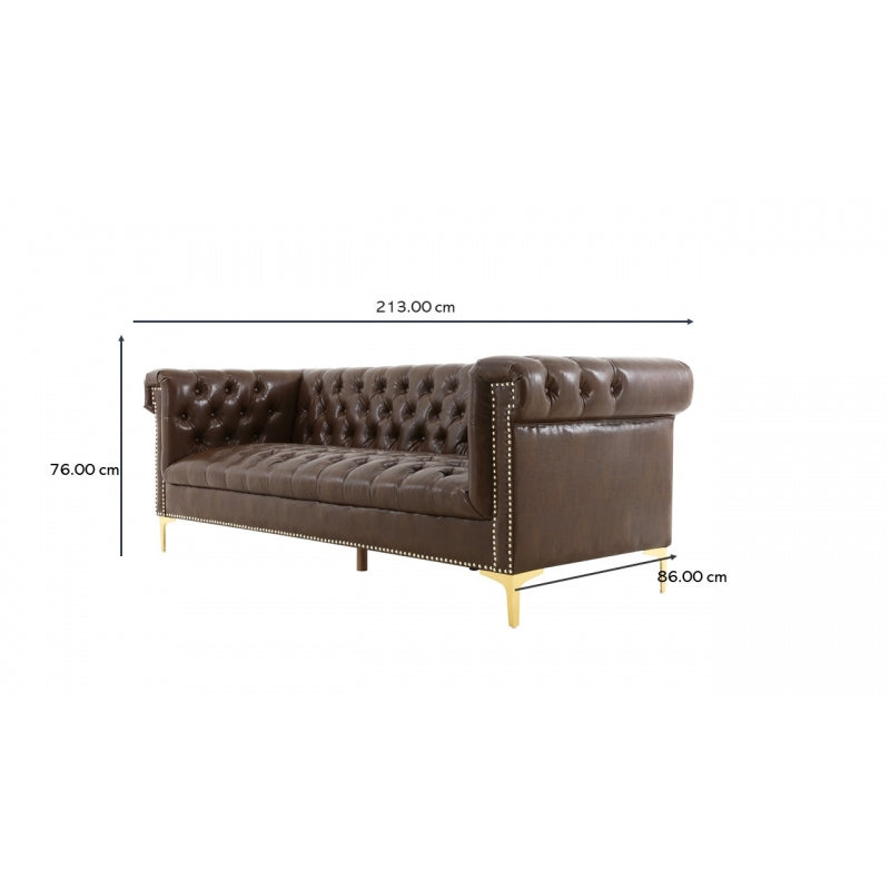 Canapé Chester 3 places capitone 213cm marron semi cuir Julyan